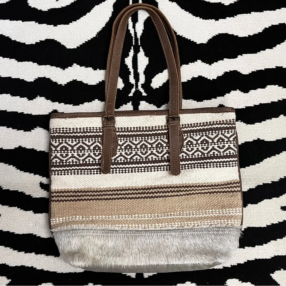 Myra Bag Beige Tribal Patterned Tote Bag Canvas Calf Hair Leather Straps
